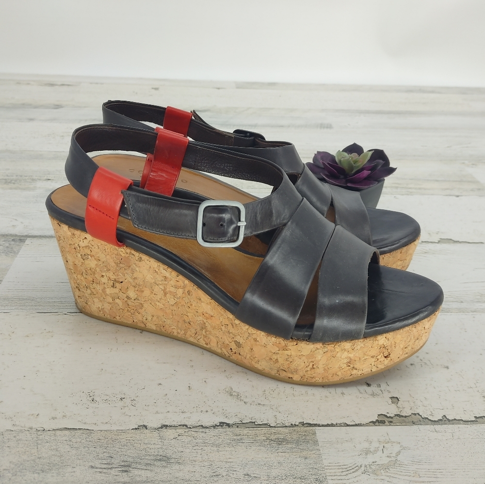 Coclico Black Leather Wedge Sandals Adjustable Ankle Strap